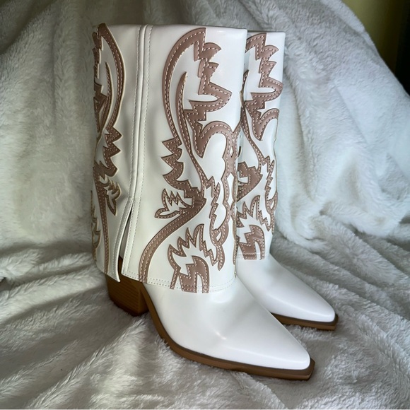 Azalea Wang Esperanza Cowboy Heeled Boot White Beige 6 Bohemian Country Concert - Picture 6 of 14